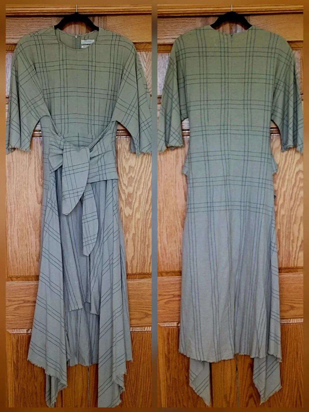 Zara Sage Green Linen Cotton Hi Low Hem Tie Dress Boho Lagenlook Plaid Stripe - Picture 2 of 11